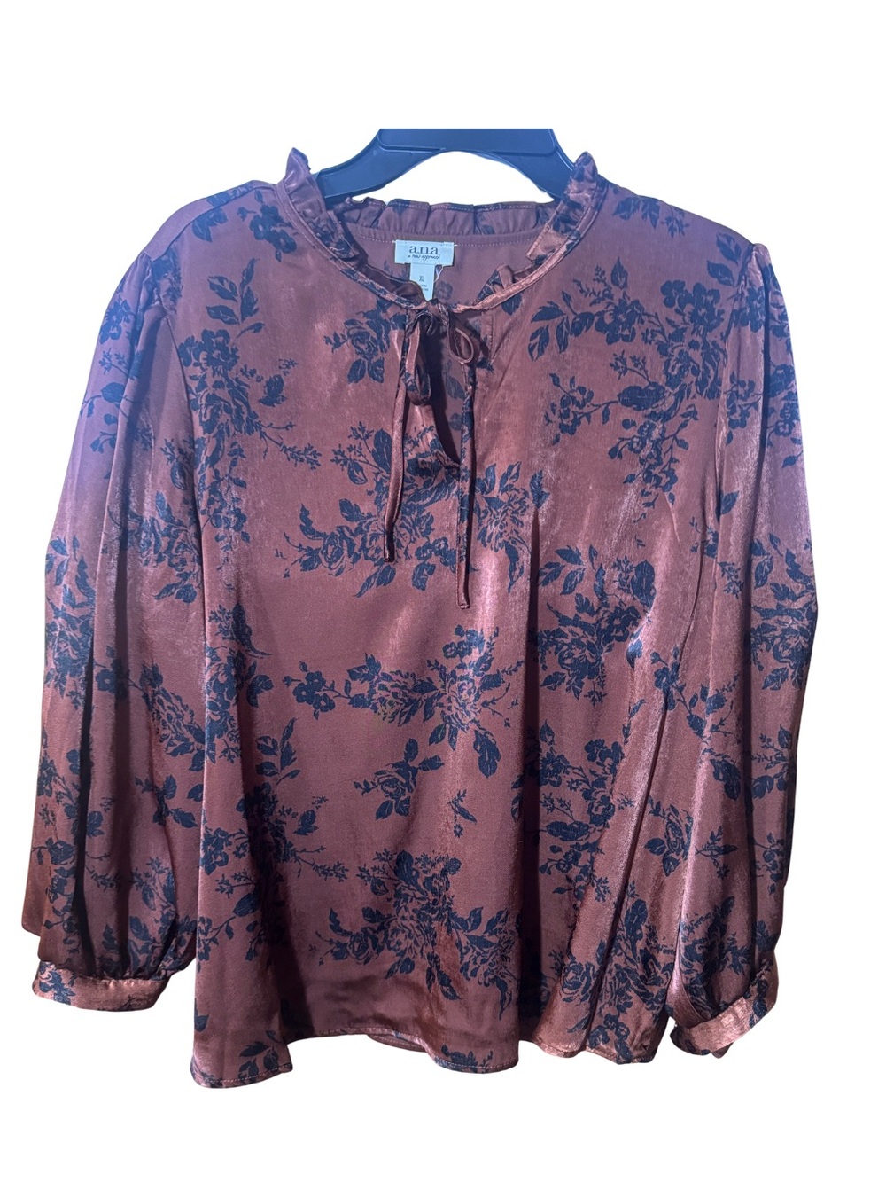 a.n.a. Satin Floral Long Sleeve Tie-Neck Blouse NWOT Size XL